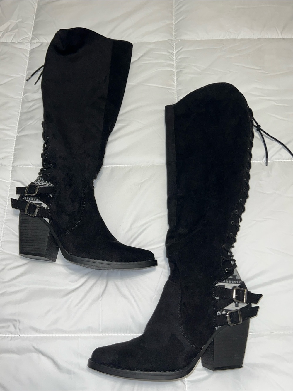 Very G Romero Lace-Up Knee High Heeled Boots - Black Faux Suede Size 8